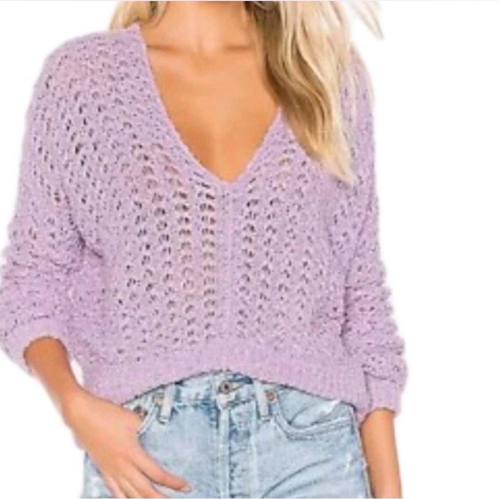 Free People slouchy open kni  Lilac V-Neck crochet boho Sweater